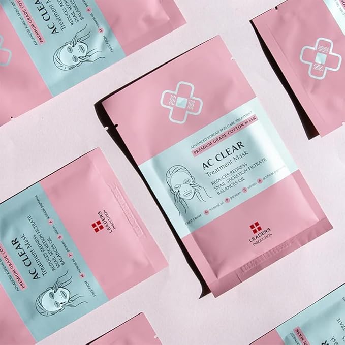 Leaders Insolution AC Clear Skin Clinic Mask | Snail Secretion & Tea Tree Oil for Acne, Redness, Oil Control | 100% Cotton Bemliese Sheet | Balances & Soothes Sensitive Skin (5 Sheets)