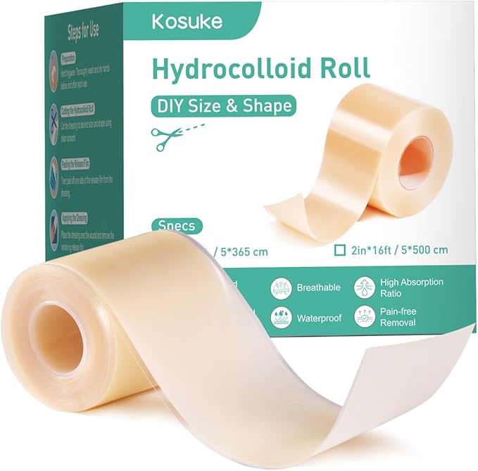 Hydrocolloid Bandages,Hydrocolloid Roll for Wound Care Large hydrocolloid Bandages Patch with Self-Adhesive Waterproof Ultra Absorbent Flexible DIY Size & Shape First Aid Kit Essential (2in*16ft)