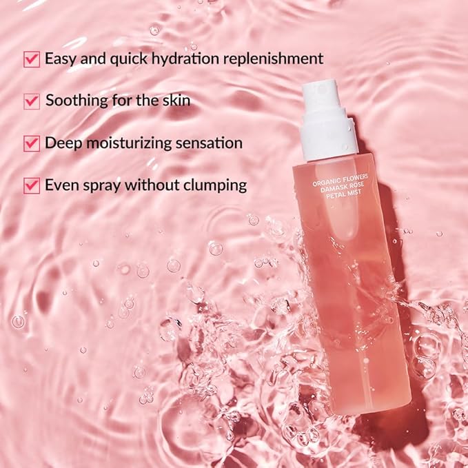 Whamisa Organic Flowers Damask Rose Petal Mist, Facial Mist Spray, Waterless Formula, Fermented Postbiotics, Hydration, Portable (100ml)