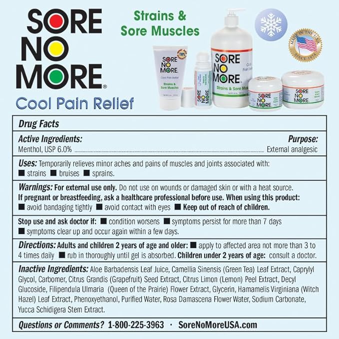 Sore No More Cool Relieving Gel for Aches & Pains in Muscles & Joints associated with Strains, Bruises & Sprains | Absorbs Quickly with a Refreshing Lemon Aroma | 3 oz Roll-On