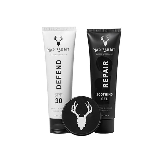 Mad Rabbit Tattoo Care Bundle Kit (3-Piece) Repair Soothing Gel, Enhance Balm & Defend SPF 30 Sunscreen - Full Coverage Tattoo Care Kit for New & Current Tattoos