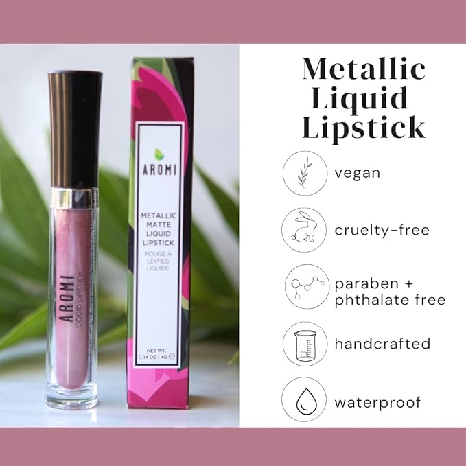 Aromi Metallic Liquid Lipstick | Smear and Smudge Proof, Long-lasting, Waterproof, Dusty Rose Lip Color with Shimmery Finish, Gluten and Paraben Free (Pixie Dust)