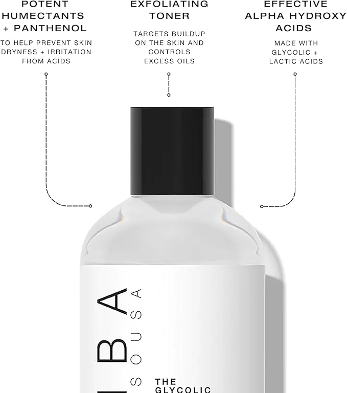 BIBA DE SOUSA The Glycolic Lactic Toner - Exfoliating Toner with AHA, Hyaluronic Acid, and Aloe Vera - Illuminates Skin Complexion Without Excessive Drying (8 oz)