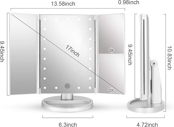 deweisn Tri-Fold Lighted Vanity Tabletop Mount Mirror with 21 LED Lights, Touch Screen and 3X/2X/1X Magnification, Two Power Supply Modes Make Up Mirror,Travel Mirror