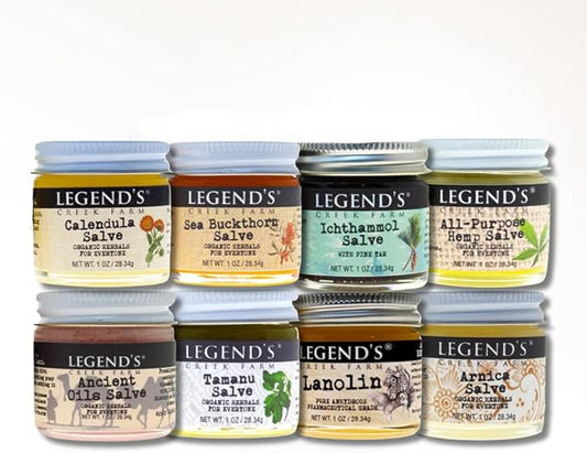Legend's Creek Farm Herbal Salve Bundle 8 Pack - Pack of 1 oz. Healing Ointment with Ichthammol, Calendula, All-Purpose Hemp, Sea Buckthorn, Tamanu & Hemp, Arnica, Ancient Oil, Lanolin (8 Jars)
