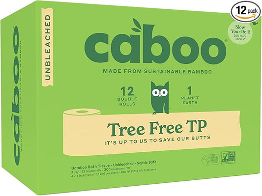 Caboo Tree Free Toilet Paper, Unbleached, Plastic Free Packaging, Septic Safe, Eco Friendly, Chemical Free, Non Toxic, 2 Ply Toilet Tissue, Pack of 12 Double Rolls, 300 Sheets Per Roll