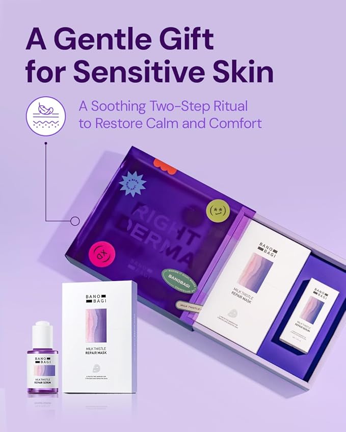 Bano Milk Thistle Repair Skin Care Set - Korean Skin Care with Centella, Soothing & Barrier Repair Kit for Sensitive Skin, Face Mask 10EA & Serum 0.5 fl. oz., Face Moisturizer, Fragrance-Free