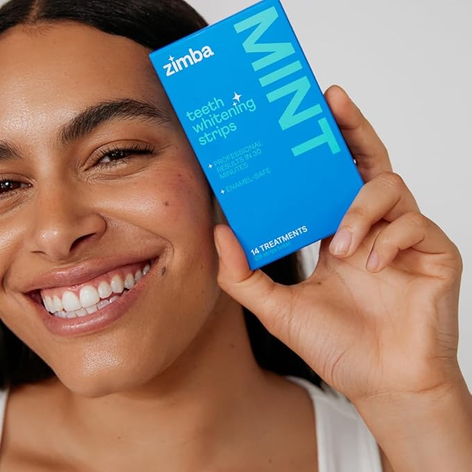Zimba Teeth Whitening Strips Vegan Whitening Strip Enamel Safe Teeth Whitening Hydrogen Peroxide Teeth Whitener for Coffee, Wine, Tobacco, and Other Stains, 28 Strips (14 Day Treatment), Mint
