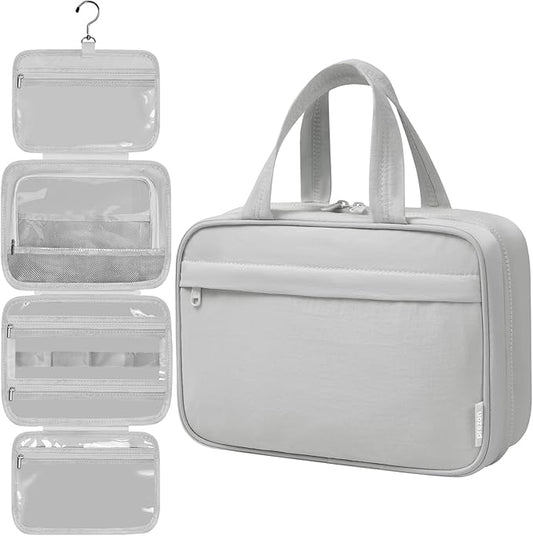 Toiletry Bag For women,Portable Hanging Organizer,4 Leakproof Compartment for full-sized Conditioner, Brushes Set, Makeup Accessories,Visible and easy to access.M-grey