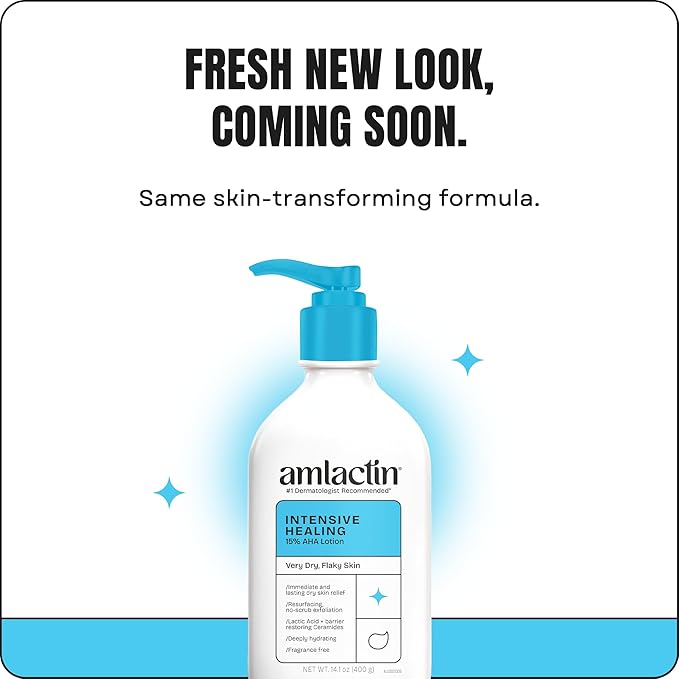 AmLactin Intensive Healing Body Lotion for Dry Skin, 14.1 oz Pump Bottle, 2-in-1 Exfoliator & Moisturizer with Ceramides & 15% Lactic Acid for Relief from Dry Skin (Packaging May Vary)