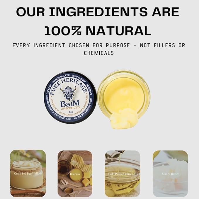 Pure Heritage Handmade Tallow Balm – Unscented Grass-Fed & Finished Moisturizer & Healing Cream | Natural Care for Sensitive Skin, Eczema, Rosacea, Babies, Men & Women (4oz)