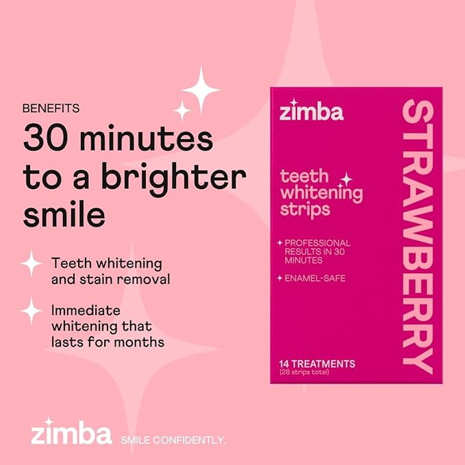 Zimba Strawberry Flavored Teeth Whitening Strips | Vegan, Enamel Safe Hydrogen Peroxide Teeth Whitener for Coffee, Wine, Tobacco, and Other Stains | 14 Day Treatment | Strawberry