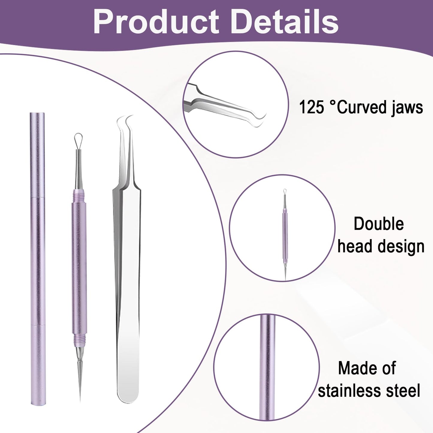 Nouiseuns Blackhead Tool Set for Face, Purple Stainless Steel Acne Extractor and Whitehead Extractor Tool – 2Pcs Professional Pimple Remover Kit with Angled Tweezers & Loop Needle for Nose & Skin Care