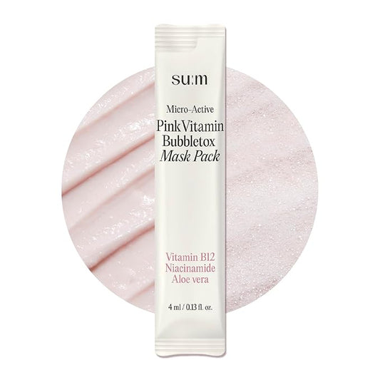 SU:M Micro-Active Pink Vitamin Bubbletox Mask Pack (0.13 fl oz x 14ea) - Korean Skincare – Deep pore cleansing, hydration with Fermented Pink Vitamin 12, Hibiscus, Kaolin & Bentonite