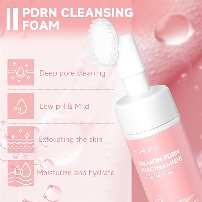 Salmon DNA PDRN Facial Cleanser | Low pH Hydrating Daily Foaming Face Wash with Soft Massage Heads | PDRN, Collagen & LHA | Gentle Pore Care & Radiant, Balanced-Looking Skin | 4.06 fl. oz