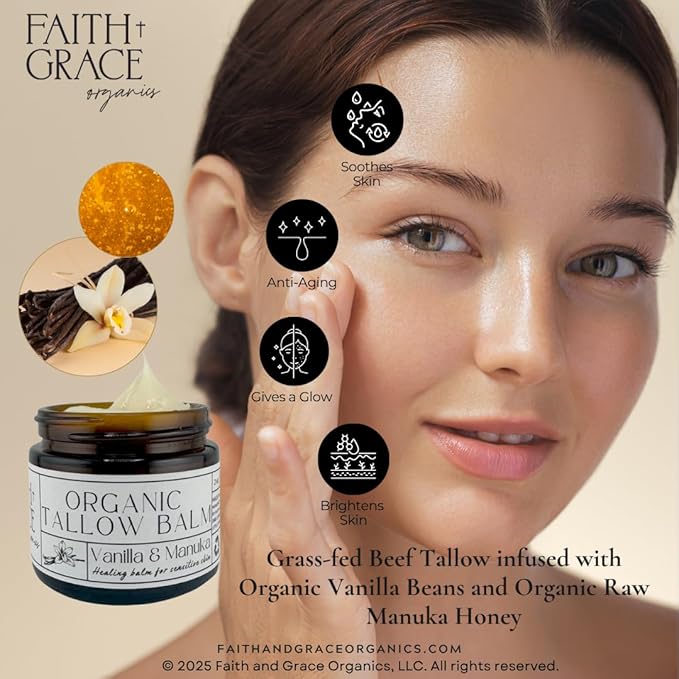 Organic Tallow Balm, Vanilla and Manuka Honey, All-purpose Moisturizer, Safe for sensitive skin, Healing balm, 2 oz glass jar