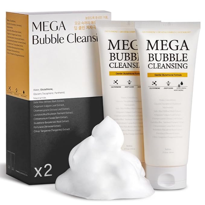Mega Bubble Cleansing Foam 7.4 oz. 2 Pack – Deep Pore Facial Cleanser with Glutathione & Vitamn C,E - Gentle Hypoallergenic Moisturizing Wash for Sensitive Skin - Korean Skincare