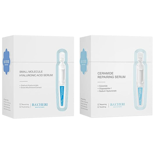 Small Molecule Hyaluronic Acid Face Serum + Ceramide Repairing Serum, One-Day Ampoule Duo for All Skin Types, Deep Hydration & Barrier Strengthening, Day & Night Routine