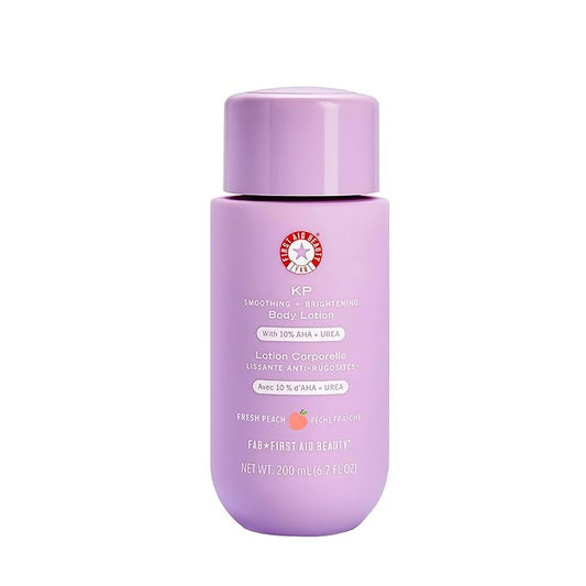 First Aid Beauty - KP Smoothing + Brightening Body Lotion with 10% AHA, Lactic Acid, Urea + Colloidal Oatmeal, Exfoliate & Moisturize, Banish Keratosis Pilaris Bumps, NEW Peach Scent (6. 7 fl oz)
