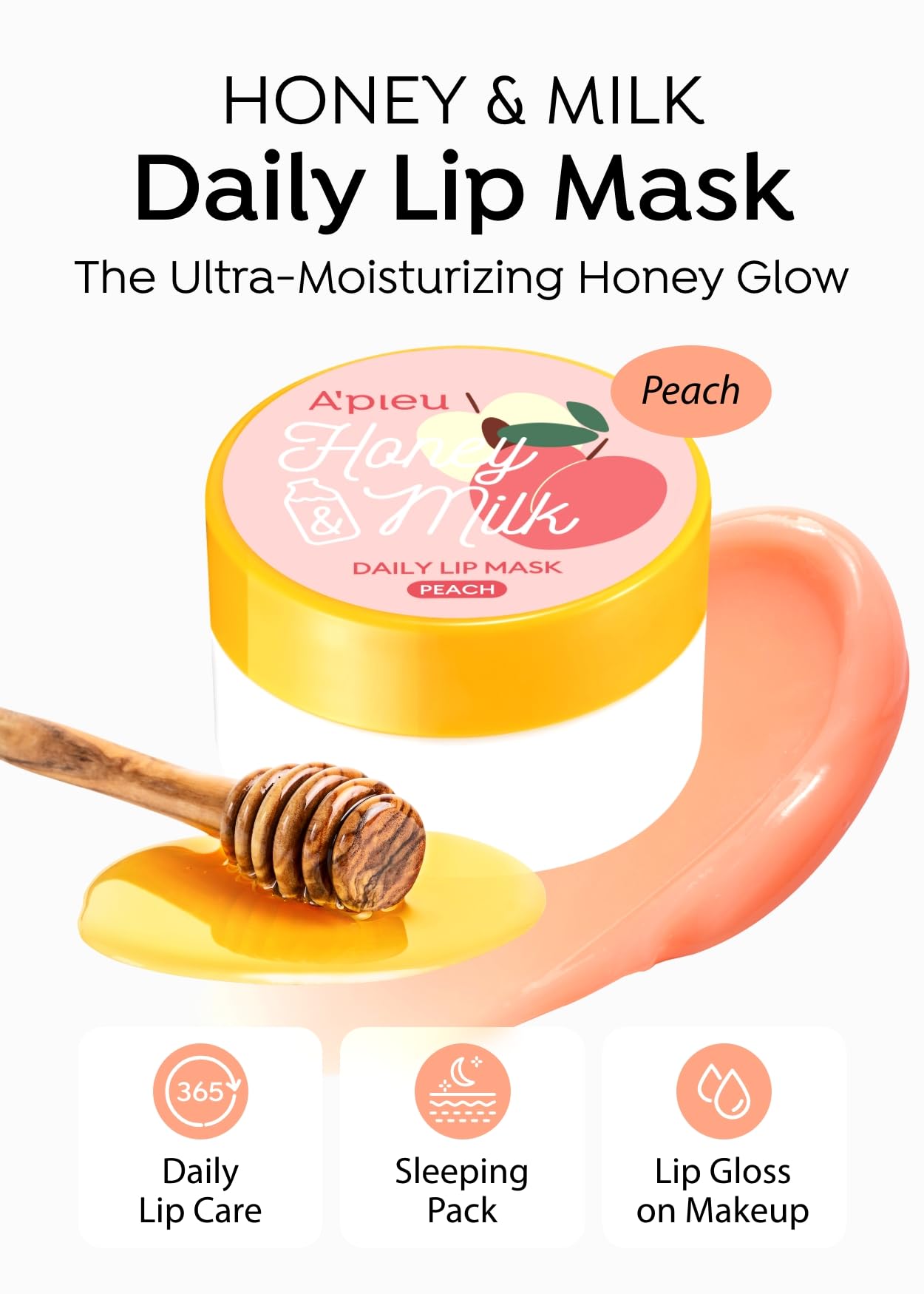 A'PIEU Honey & Milk Daily Lip Mask (Peach) - Nourishing Overnight Korean Lip Mask | Hydrating Lip Moisturizer with Honey, Propolis & Royal Jelly for Soft, Plush Lips