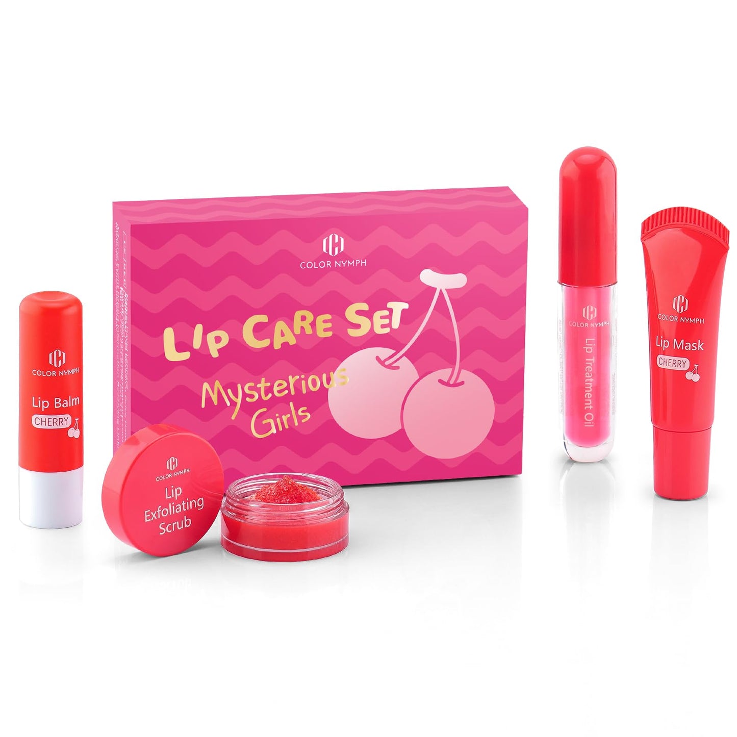 Color Nymph Lip Care Quad - Lip Balm, Overnight Lip Mask, Lip Treatment Oil & Lip Scrub, Intense Hydration Lip Set for Dry Chapped Cracked Lips, Exfoliate & Moisturize - 4 Piece Gift Set - Cherry