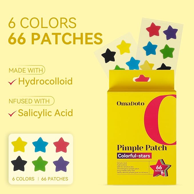 Star Pimple Patches for Face (66 patches) - Hydrocolloid Acne Blemish Pimple Patches Cute Stars, 6 Colors Stars ance patches, 14MM Sizes Zit Stickers
