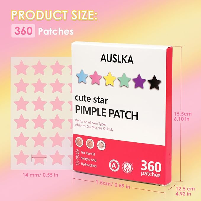 AUSLKA Star Pimple Patches (360 Pcs) Cute Zit Patches for Face, Star Spot Stickers with Salicylic Acid, Hydrocolloid Pimple Patches Absorb Fluid Quickly, Star Blemish Patches for Skin Care, Vegan
