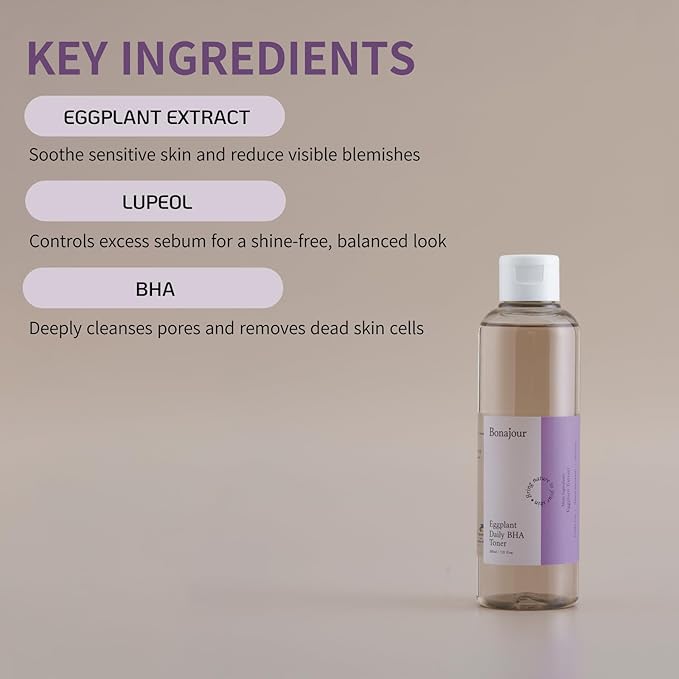 [BONAJOUR] Vegan Eggplant Daily BHA Exfoliant Toner, Salicylic Acid Gentle Exfoliating & for Acne Prone Skin Treatment Toner 7.2 fl. oz