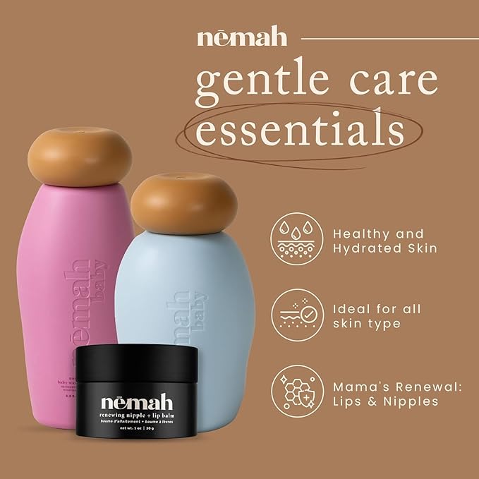 Nemah Gentle Care Essentials Kit, Includes Calming Baby Lotion, Soothing 2-in-1 Baby Shampoo & Wash, and Renewing Nipple + Lip Balm, Pregnancy Must Haves Virtual Bundle