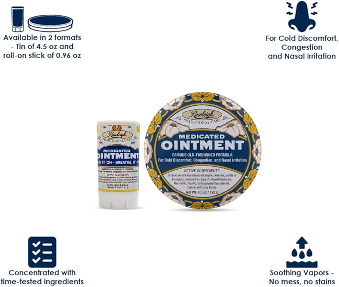 Rawleigh Medicated Ointment: 4.5 oz Blue Tin, Adults & Kids: Topical Chest Rub for Cold, Nasal Congestion, Minor Aches and Pain, with Camphor, Menthol & Eucalyptus, Non-Greasy Formula - Pack of 1