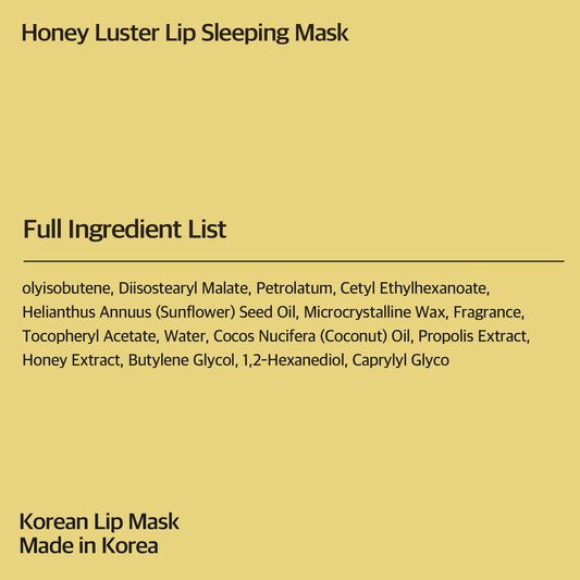 Honey Luster Lip Sleeping Mask 0.53 oz - Rich Overnight Balmy Treatment with Sunflower Oil, Collagen and Ceramide for Soft, Nourished Lips, Korean Skincare