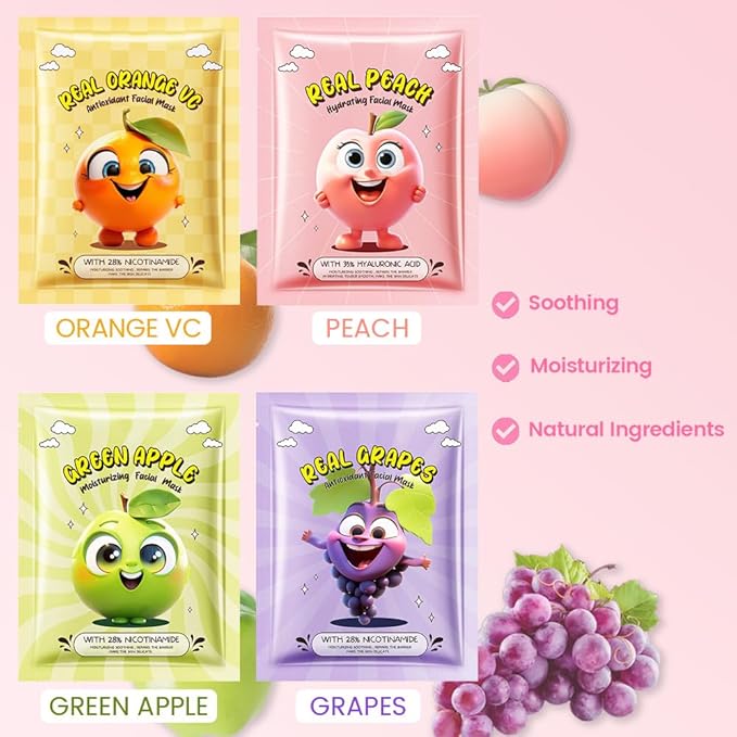 12 Pack Fruit Kids Face Mask,Pink Face Masks Skincare Spa Day Kit Supplies,Spa Party Favors for Teens Girls Women,Sheet Facial Mask Skincare Gifts Set,Moisturize Soothe for All Skin Types