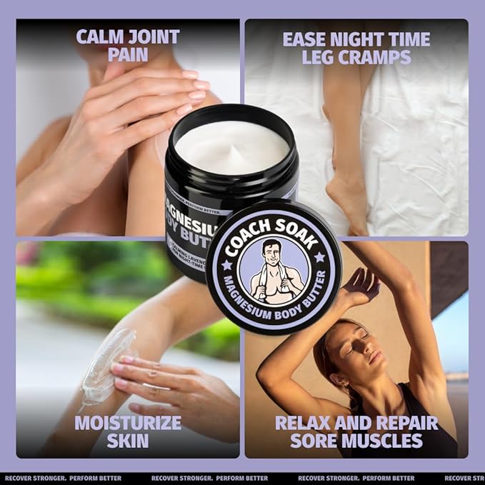 Coach Soak 2-Pack Nighttime Magnesium Body Butter, Thick Cream with High Magnesium Concentration, Soothes Muscles Overnight, Shea Butter, Almond Oil & Lavender, Large Size (Total of 16oz)