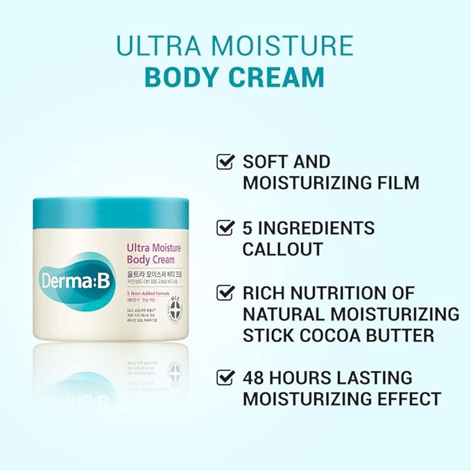 Derma B | Ultra Moisture Body Cream | Moisturizer for Dry Skin | Body Skin Care | Body Balm for Sensitive Skin | Olive Oil and Allantoin | 48 Hour Lasting Skin Moisturization | 14.54 fl oz (430ml)