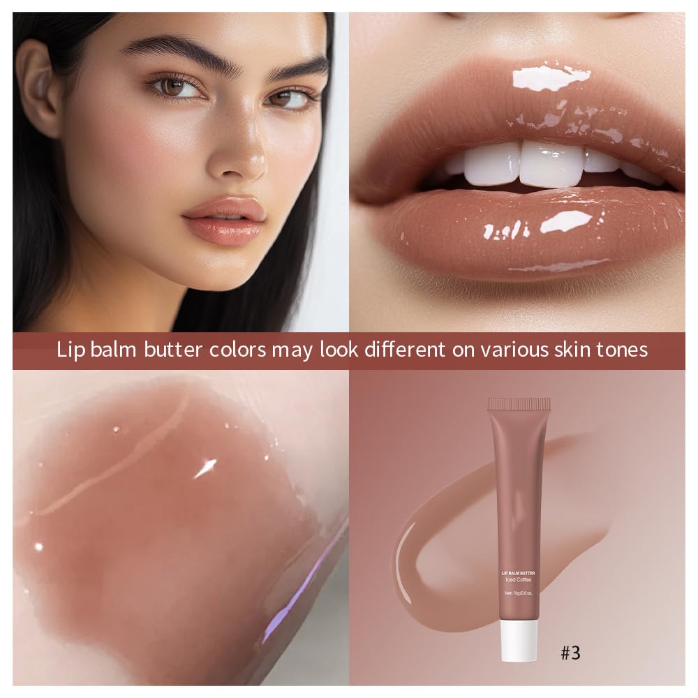 Easilydays Lip Butter Balm, Hydrating Lip Balm with Sheer Tint, Plumps Moisturizing Hydrating Lip Mask, Vegan Non-Sticky Lip Glowy Balm for Instant Moisture, Shine, & Soothing Lip Care, #3 Ices Coffee