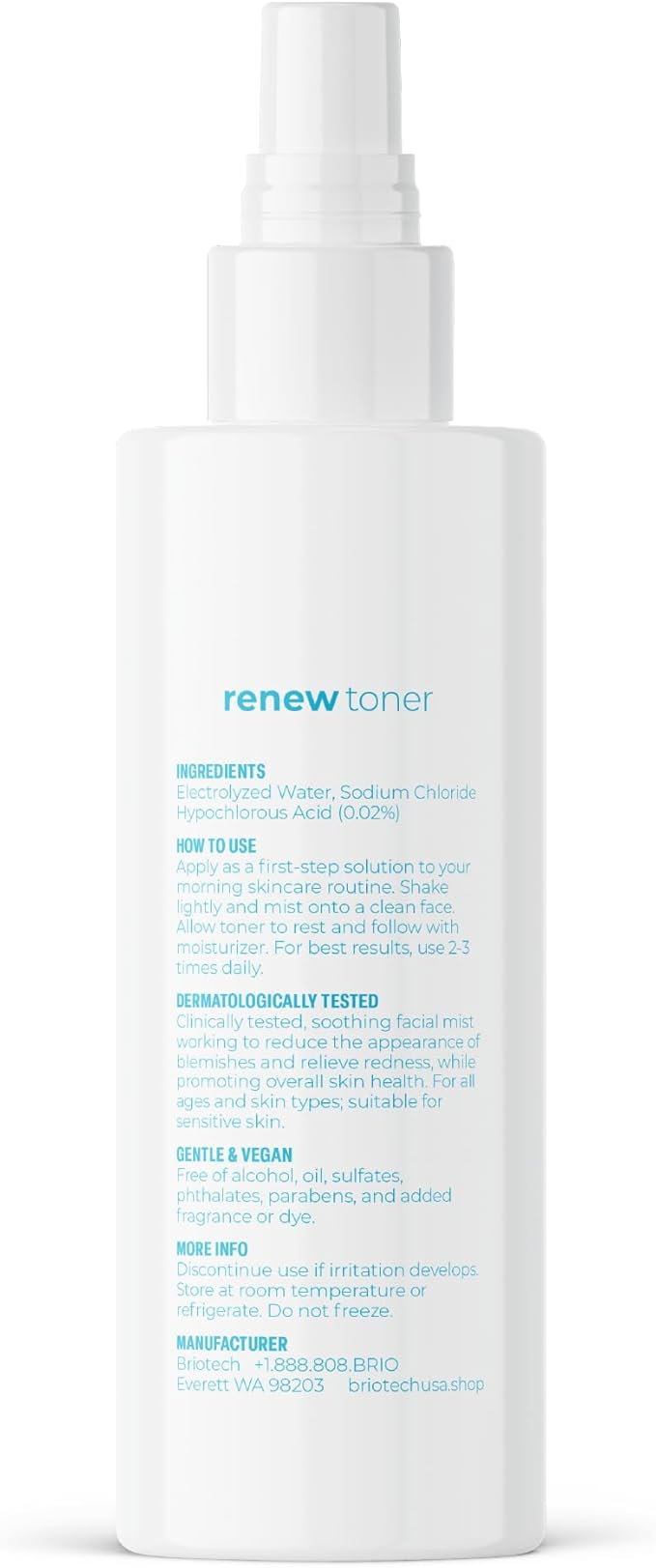 BRIOTECH Renew Toner, Hypochlorous Acid Spray, Minimize Appearance of Blemishes, Soothing Facial Mist for Sensitive Skin, Calm Redness & Bumps, Hypoallergenic & Vegan, 2 fl oz Travel Size