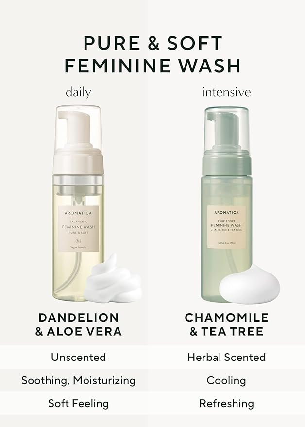 AROMATICA Pure & Soft Feminine Wash Chamomile & Tea Tree (Soft Foam Type) 5.7 fl. oz / 170 ml - Gentle and Soothing Intimate Herbal Feminine Wash - pH-Balanced, Calming, Vegan, Cruelty Free