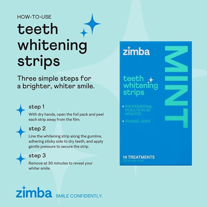 Zimba Mint Teeth Whitening Strips – 28 Vegan, Enamel-Safe Strips with Hydrogen Peroxide, 14-Day Treatment – Tooth Whitener for Coffee, Wine, Tobacco, Other Stains