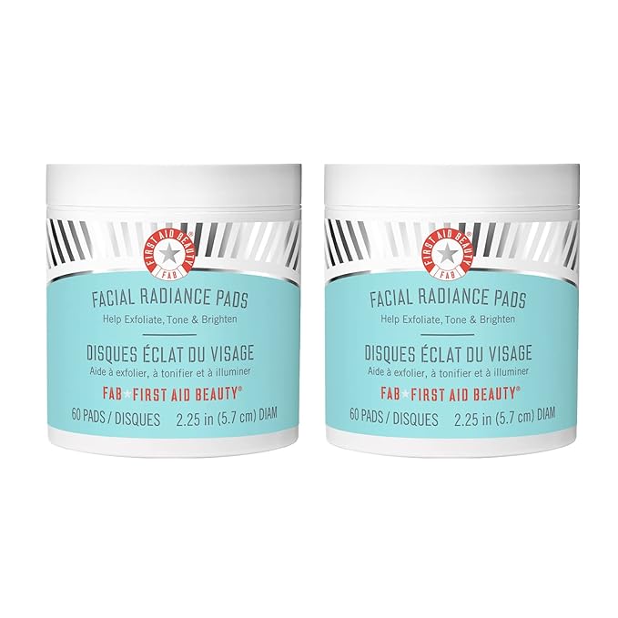First Aid Beauty - Facial Radiance Pads with Glycolic & Lactic Acids, Daily Exfoliating Pads with AHA that Help Tone & Brighten Skin, Makeup Prep Pads, Compostable for Daily Use, 60 Pads, 2ct
