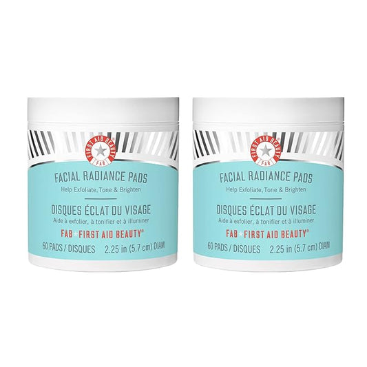 First Aid Beauty - Facial Radiance Pads with Glycolic & Lactic Acids, Daily Exfoliating Pads with AHA that Help Tone & Brighten Skin, Makeup Prep Pads, Compostable for Daily Use, 60 Pads, 2ct