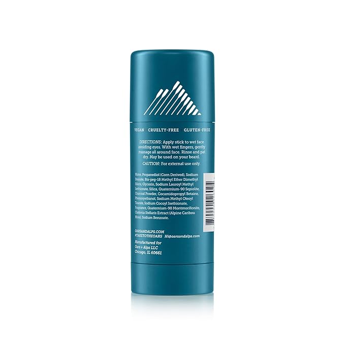 Oars + Alps Exfoliating Face Wash Stick, 2-in-1 Facial Cleanser & Exfoliant with Activated Charcoal, Alpine Moss, Dermatologist Tested, Spill Free, Travel Size, 1.2 Oz