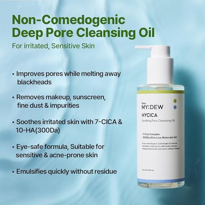 HYCICA Soothing Pore Cleansing Oil | Non-Comedogenic Makeup Blackhead Remover for Sensitive Skin with 7 CICA & 10 HA, Deep Pore Cleanser, Double Cleansing, Korean Skincare, 6.76 fl oz