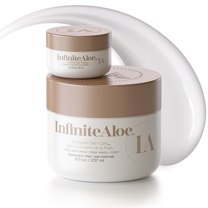 InfiniteAloe Complete Skin Care, Aloe Vera Powered Face and Body Cream for Dry Skin Relief, Fragrance Free - Large Jar 8 oz & Travel Jar 0.5 oz