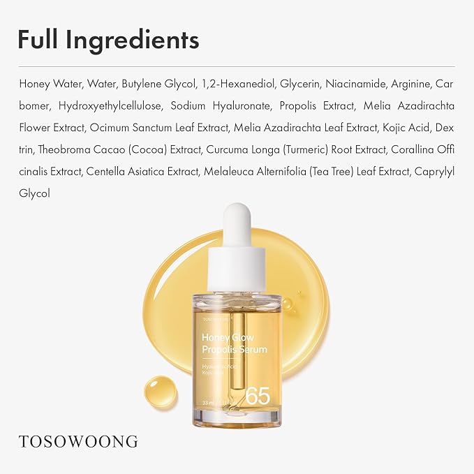 Honey Glow 65% Propolis Serum, Hyaluronic Acid, Kojic Acid, Niacinamide, Hydrating Facial Soothing Moisturizer for Irritated Uneven Skin Tone, Glass Skin, Korean Skin Care, 33ml, 1.11 fl.oz.