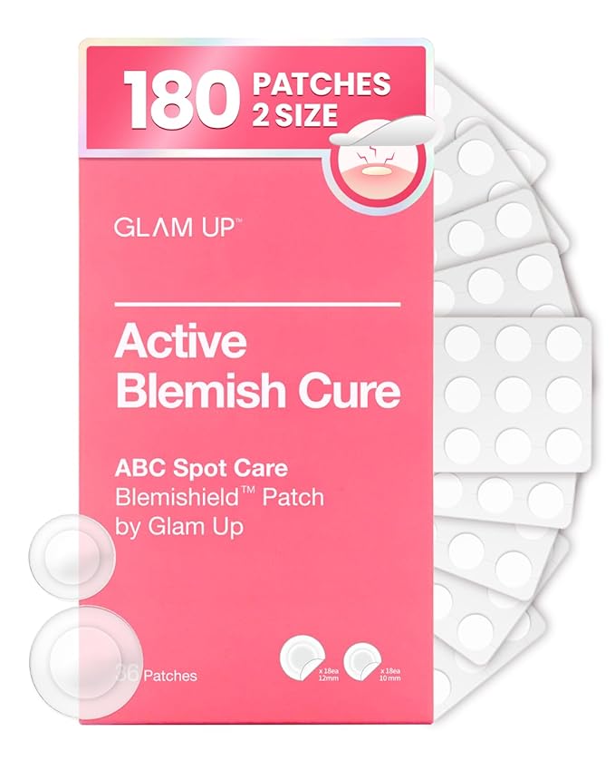 GLAM UP Hydrocolloid Blemish Pimple Zit Patches(180PCS/2Size) - Invisible Ultra Thin Spot Cover Stickers for Face and Skin, Strong Water-proof and Adhesive Overnight, Vegan-friendly