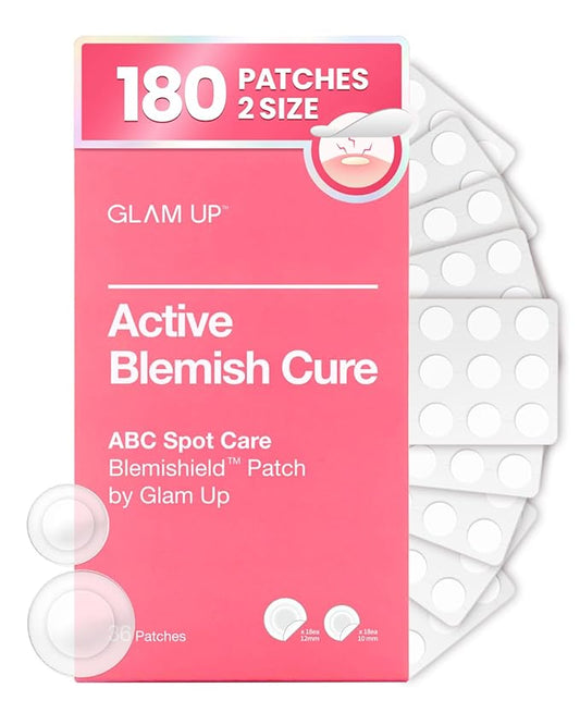 GLAM UP Hydrocolloid Blemish Pimple Zit Patches(180PCS/2Size) - Invisible Ultra Thin Spot Cover Stickers for Face and Skin, Strong Water-proof and Adhesive Overnight, Vegan-friendly