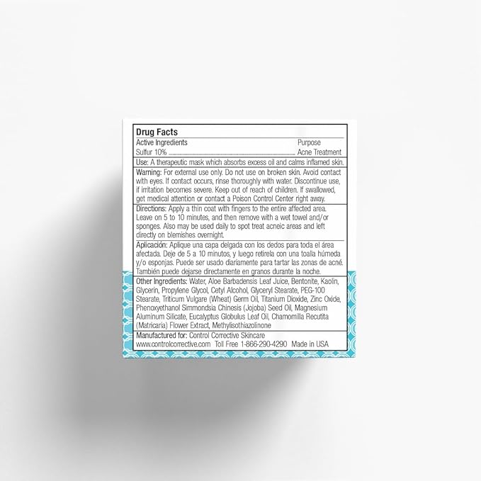 CONTROL CORRECTIVE Sulfur Calming Mask, 2 Oz - Soothes And Calms Inflamed Acne & Reduces Oily Skin, Absorbs Oil, Reduce Enlarged Pores, Cooling Relief