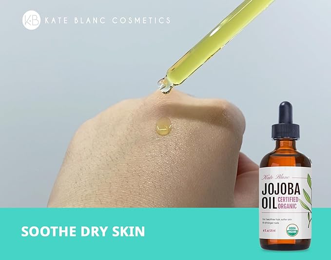 Kate Blanc Cosmetics Jojoba Oil for Hair, Face & Skin. Gua Sha Oil for Face Massage and Dermaplaning (4oz, Organic, 100% Pure, Natural)