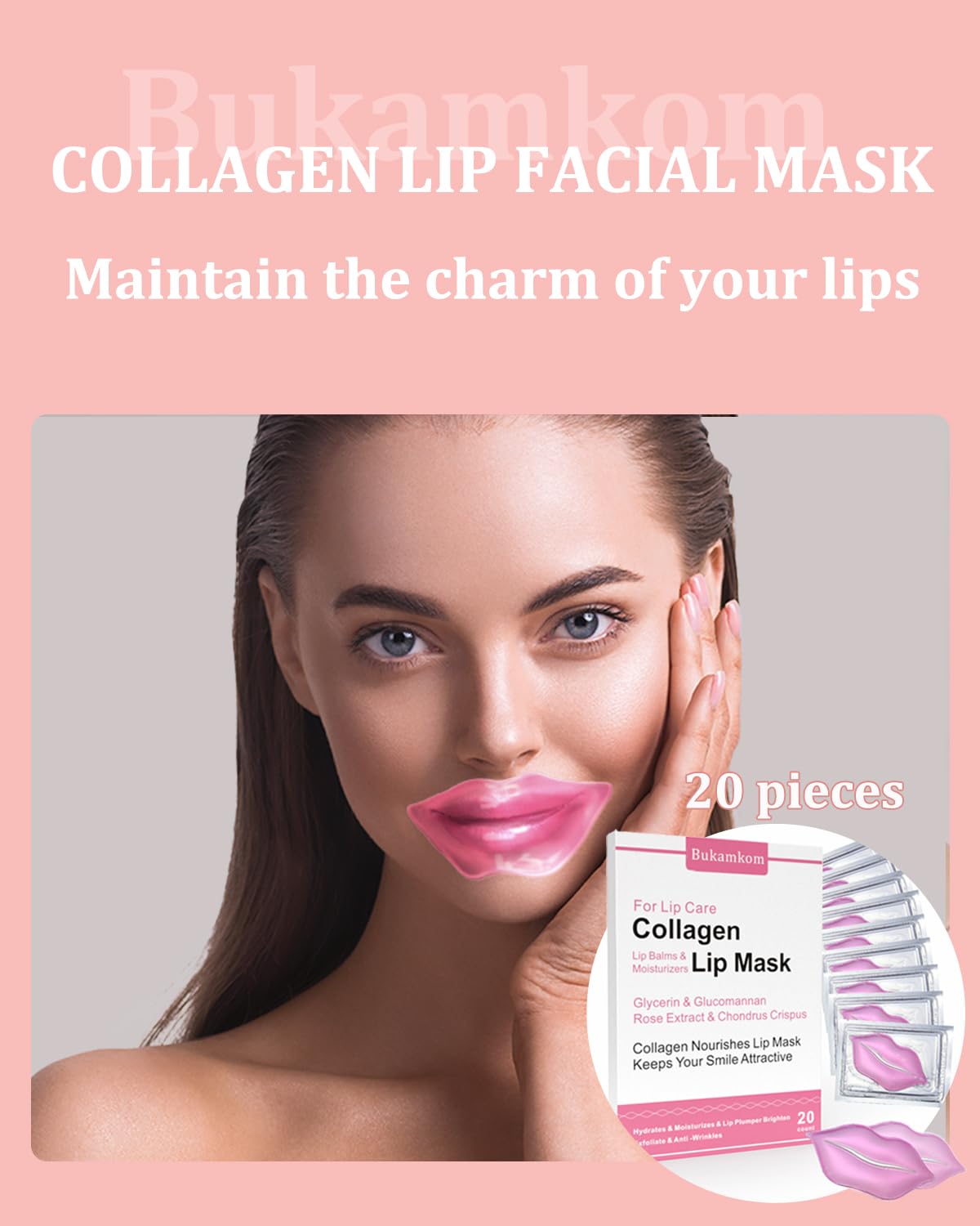 Bukamkom Collagen Lip Masks Bulk(20 Pieces/Box),Lip Mask Sheet Lip Care to Reduce Dark Lips and Lip Lines to Remove Dead Skin Moisture,Bulk Lip Masks Individually Wrapped(20)
