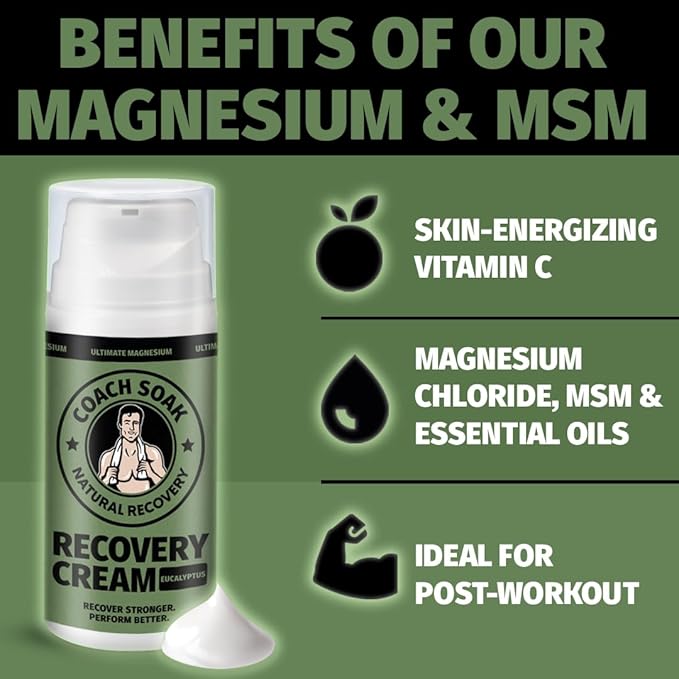 Coach Soak Magnesium Cream with MSM in Pump Bottle - Natural Recovery Cream with Magnesium Chloride & Menthol - Fast-Absorbing for Muscles & Joints, Eucalyptus 3.4oz